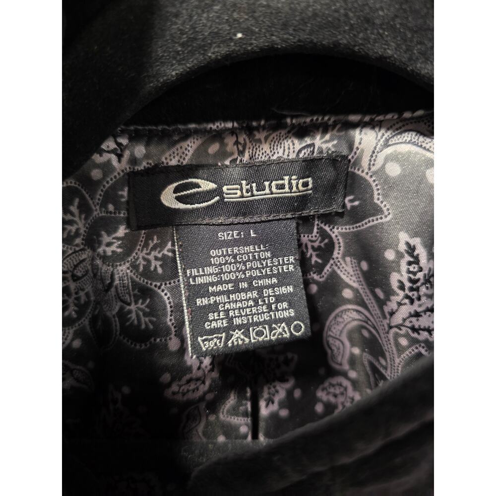 Black Velvet Quilted Jacket Sz L Fits M Floral Stitch Full Zip Satin Lined - Picture 7 of 7